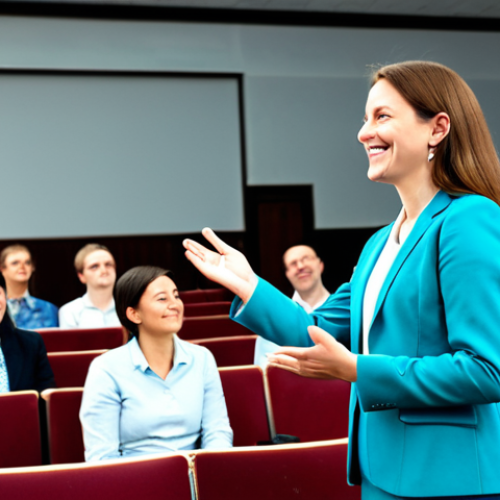 A professional woman, fully clothed in a modest business suit, standing confidently on a stage in a modern, well-lit school auditorium. She is engaging warmly with an attentive audience of teachers and parents, making direct eye contact and using natural, expressive hand gestures. Her expression is empathetic and authentic, creating a strong connection with the listeners. The audience members are seated, some smiling or nodding in understanding, reflecting the open dialogue and trust being built. The atmosphere is collaborative and inviting. Perfect anatomy, correct proportions, natural pose, well-formed hands, proper finger count, natural body proportions, safe for work, appropriate content, fully clothed, professional, family-friendly.