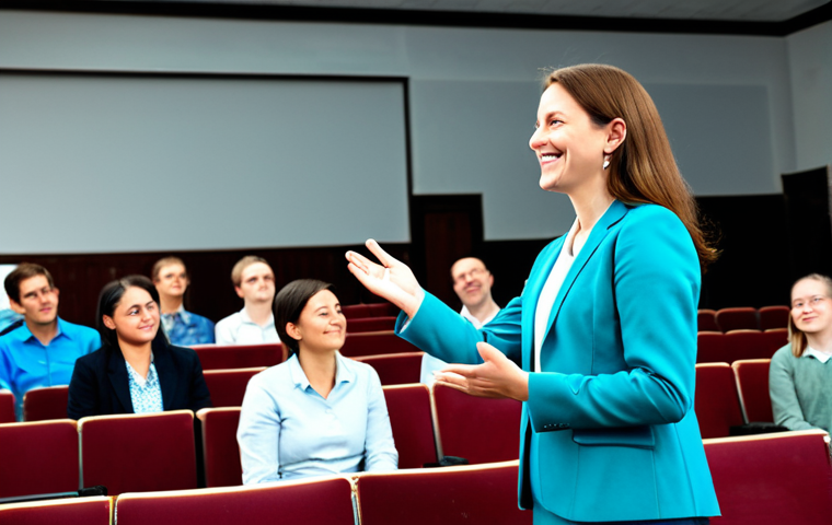 A professional woman, fully clothed in a modest business suit, standing confidently on a stage in a modern, well-lit school auditorium. She is engaging warmly with an attentive audience of teachers and parents, making direct eye contact and using natural, expressive hand gestures. Her expression is empathetic and authentic, creating a strong connection with the listeners. The audience members are seated, some smiling or nodding in understanding, reflecting the open dialogue and trust being built. The atmosphere is collaborative and inviting. Perfect anatomy, correct proportions, natural pose, well-formed hands, proper finger count, natural body proportions, safe for work, appropriate content, fully clothed, professional, family-friendly.